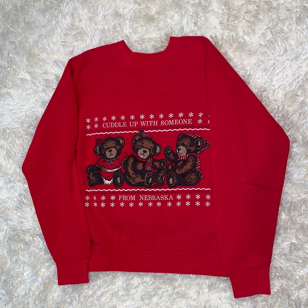 Nebraska Vintage Christmas Cute and Ugly Sweater Teddy Bear Hanes Red Crew Neck